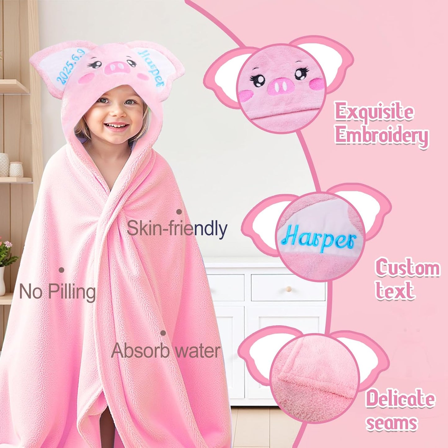 Custom Hooded Baby Towel with Name, Soft and Absorbent Customized Pig Toddler Towels, Baby Bath Towels for Boys and Girls, Easter Birthday Towel for Kids，Babies, Toddlers, Newborns Essential