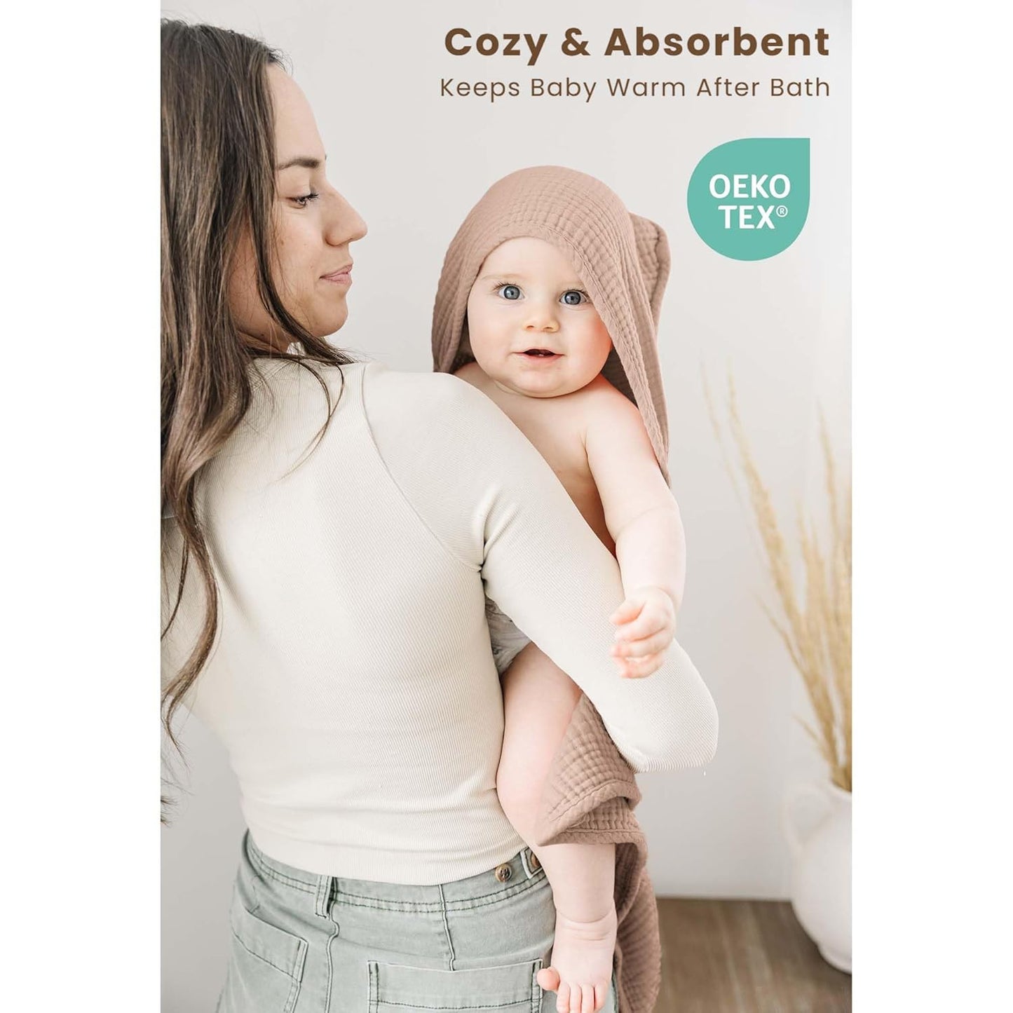Konssy 2-Pack Muslin Hooded Baby Towels, 100% Cotton, Ultra-Soft & Absorbent Baby Bath Towels with Hood for Newborn & Infant (Taupe,Soft Blooms,32" x 32")