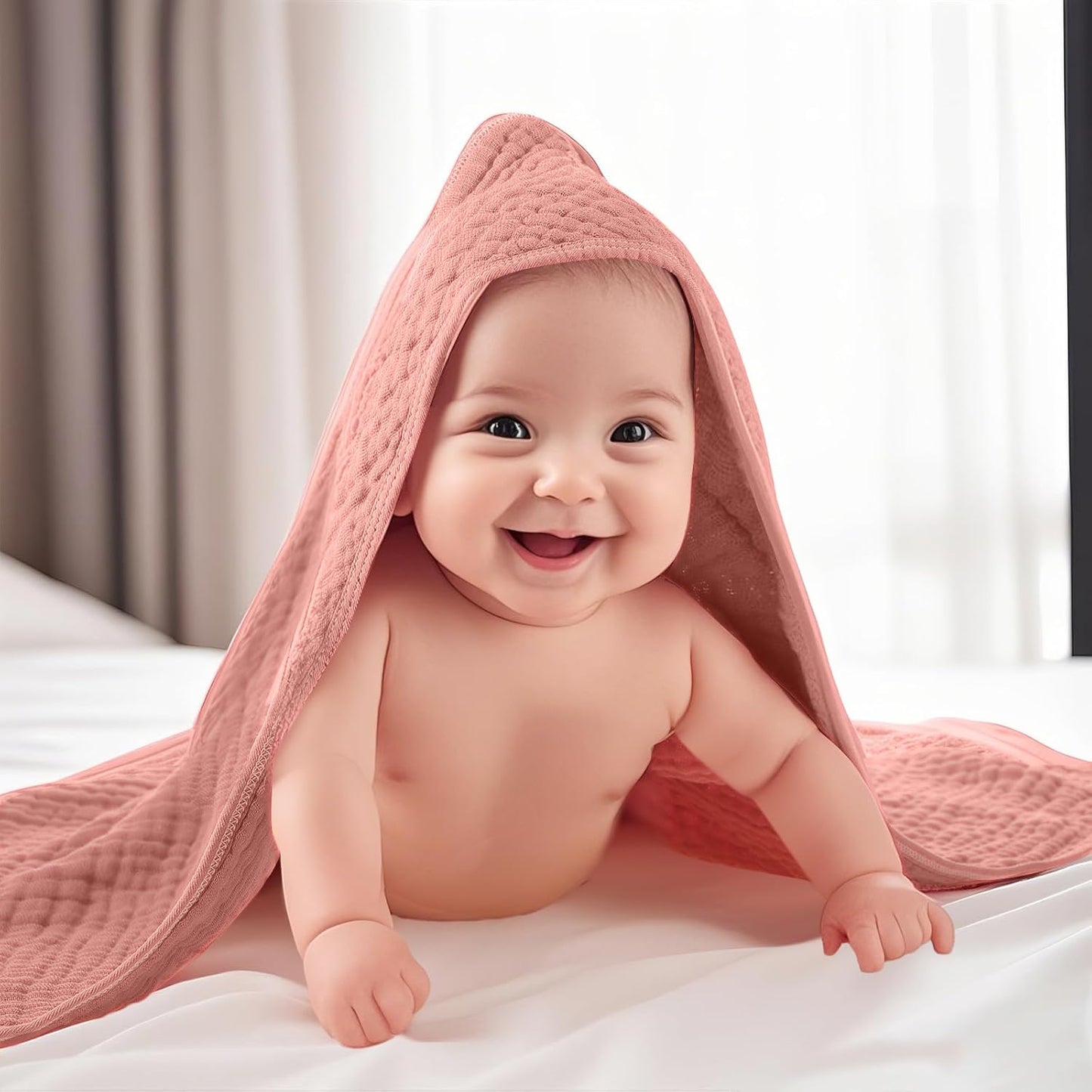 VitalCozy 12 Pcs Baby Muslin Hooded Bath Towels and Washcloths, 32 x 32 Inch Muslin Cotton Hooded Baby Towels Absorbent Hooded Blankets for Gift Newborn Infant Shower (Pink Beige Series)