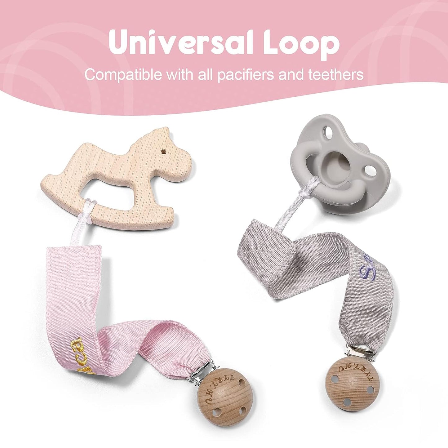 TYRY.HU Personalized Pacifier Clip with Name, Embroidery Webbing Pacifier Holder for Baby Girls and Boys, Neutral Pacifier Leash Universally Fit All Pacifiers & Baby Toys, 2 Pack Baby Gift(Grey, Pink)