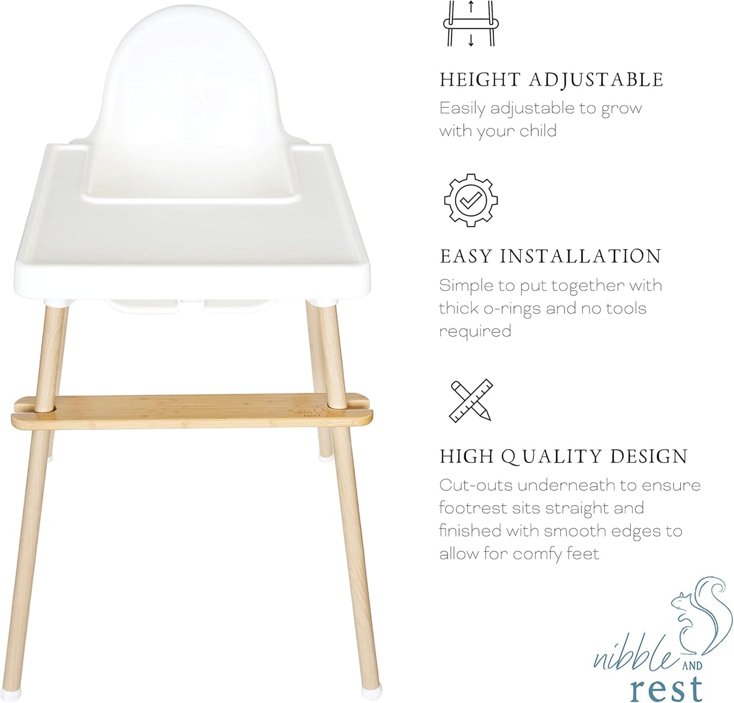 Nibble and Rest Woodsi Footsi Highchair Footrest for IKEA Antilop, Bamboo Wooden Footrest, Height Adjustable, High Chair Accessories,Suitable Footstool with Rounded Corners