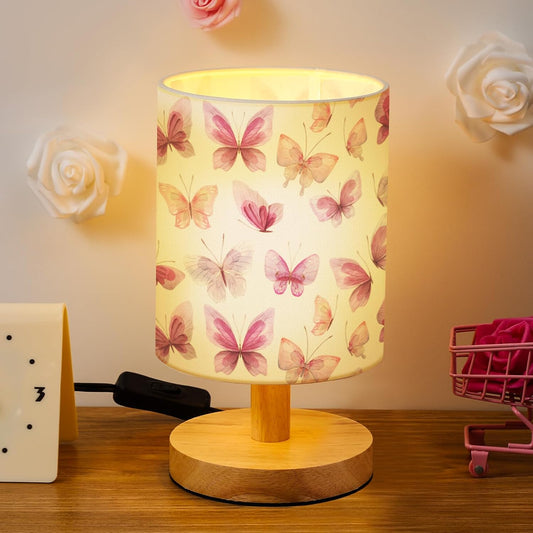 VIHOSE Butterfly Kids Table Lamp for Bedroom Kids Bedside Lamp with Linen Wooden Nightstand Cartoon Nursery Lampshade for Girls Boys Living Room