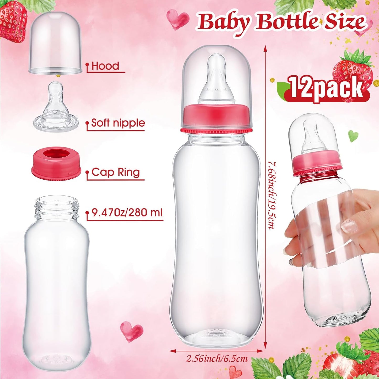 TrelaCo Cool Baby Shower Games Wooden Bottle Chug Sign Strawberry Theme Gift Sets and 12 Pcs Baby Bottle Shower Favor for Rustic Kraft Games Gender Reveal