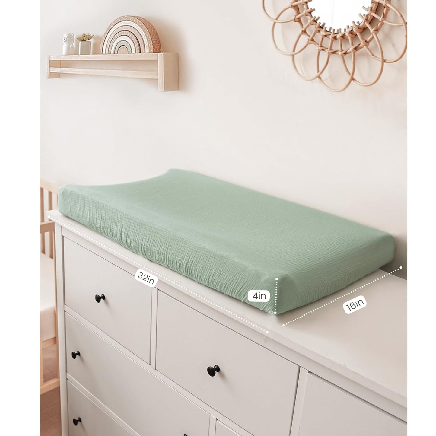 Konssy 2 Pack Muslin Changing Pad Covers for Boys, Ultra Soft & Breathable Cotton Baby Diaper Changing Table Covers, Neutral Nursery Diaper Changing Pad Sheets (Green, Green Leaves)