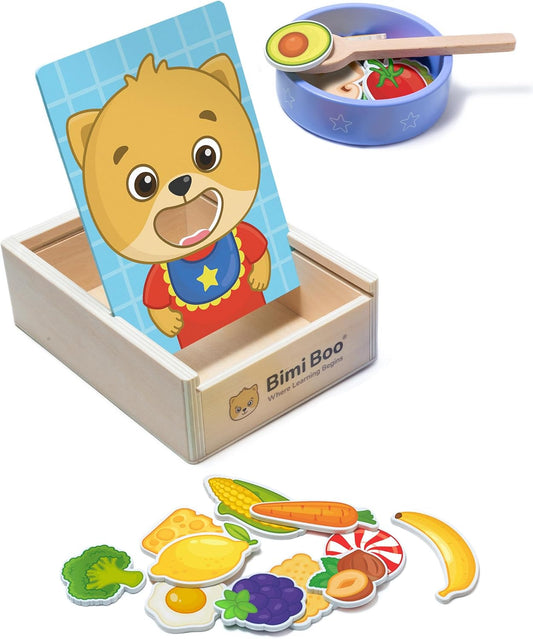 Bimi Boo Wooden Feeding Toy - Montessori Scooping Toy for Toddlers 1-4+ - Fine Motor Skills Pretend Play Food Set for Kids (27 Various Foods, a Spoon, Bowl)