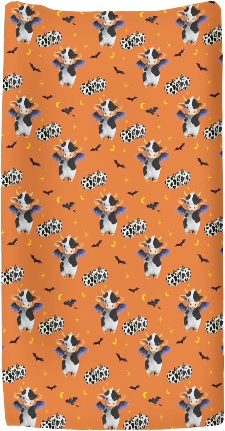 Halloween Cow Bats Pumpkins Baby Changing Pad Covers for Boy Girl Cute Cows Moon Stars Fitted Change Table Pad Covers Mats Spooky Farm Animal Soft Diaper Change Table Cover Sheets 32''×16'' Orange