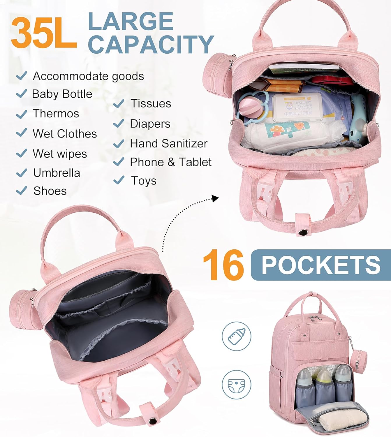MOONBABY Diaper Bag Backpack, Baby Diaper Bags with Portable Changing Pad and Pacifier Case, Multifunctional Travel Diaper Backpacks, Unisex Baby Bags, Pink