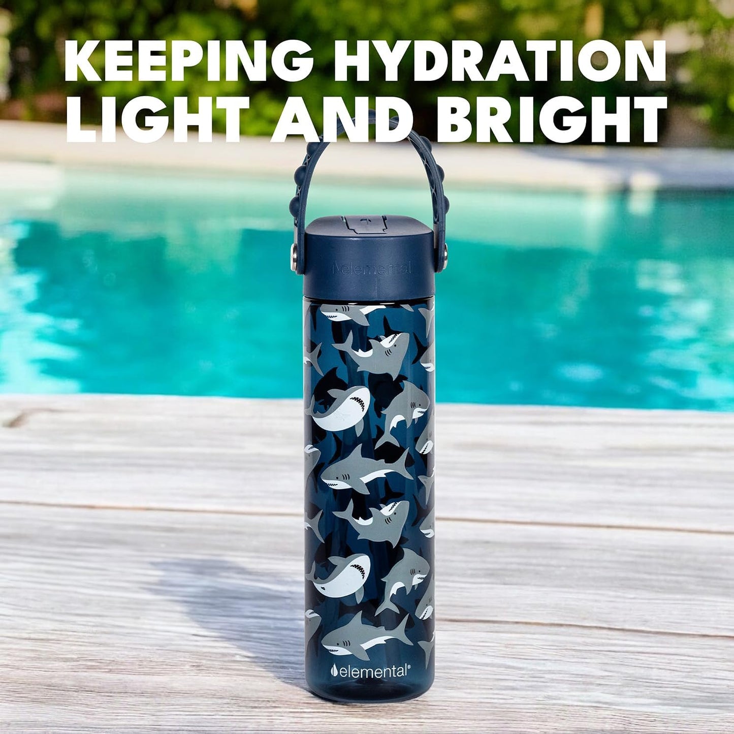 Elemental Splash Water Bottle with Straw - BPA-Free Tritan Plastic Reusable Water Bottle with Pop It Strap - Ideal for Travel, Gym and Sports - Leak Proof when Spout is Closed - 26oz - Shark