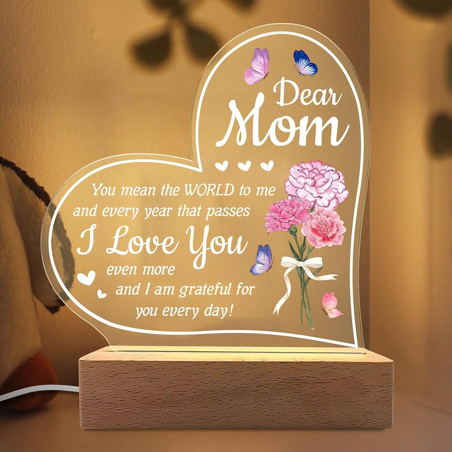 Carnation Heart Shape 3D Crystal Acrylic Light Base with Wood Stand, LED Light for Kids Room Decor, Gift for Mom on Birthday or Holiday, Home Décor Art Display