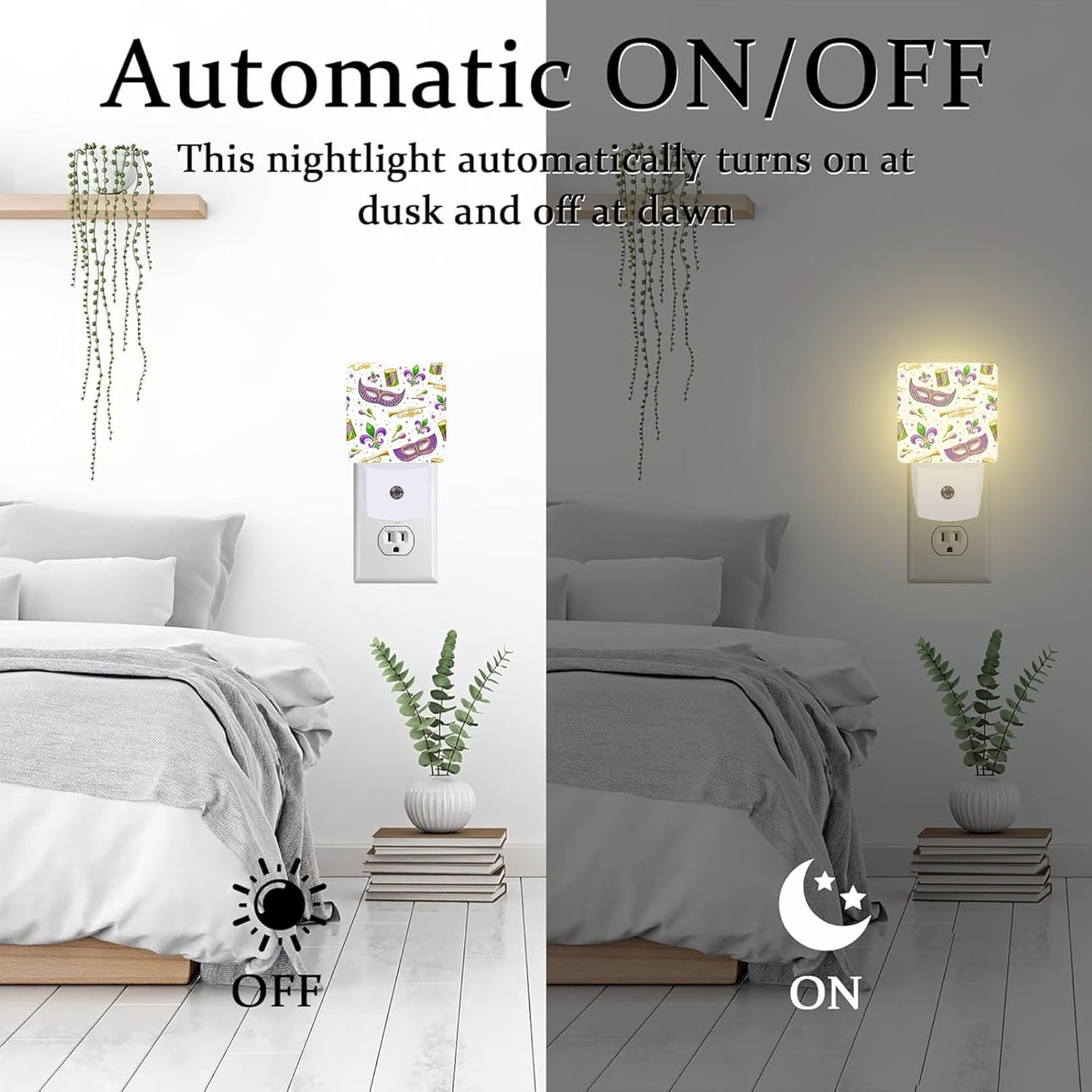 Mardi Gras Carnival Night Light, Fleur De Lis Mask and Musical Instruments Dusk to Dawn Night Light Plug in,0.5w Energy Saving Sleep Friendly NightLight for Kids Boys Girls Home Decor