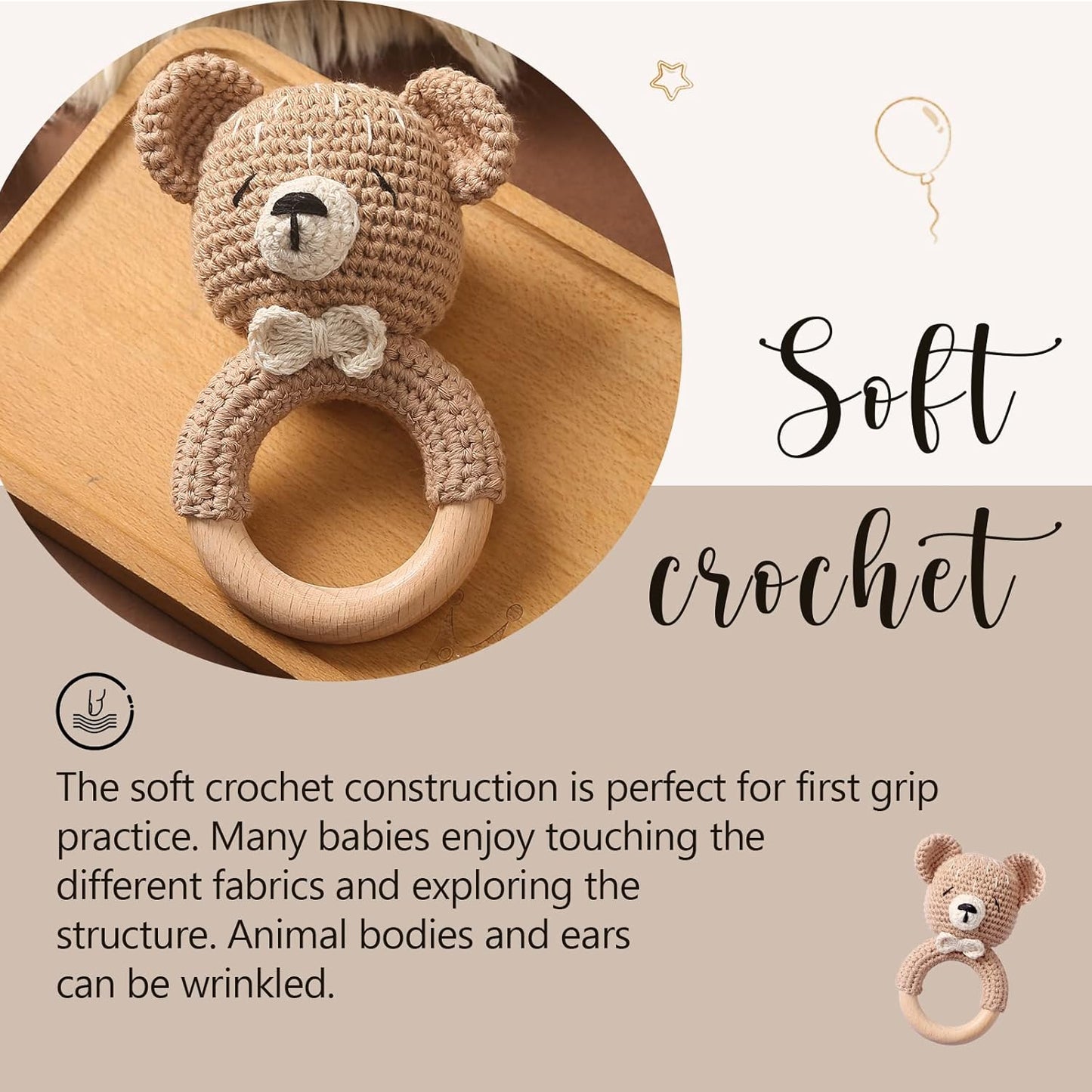 WOODEN TEETHER Baby Rattle, Shaker Toy,Crochet Baby Rattle, Crochet Baby Toys, Organic Wooden Newborn Toys, Newborn Animal Rattle Toys，Knitted Stuffed Animals Gifts for Baby, Kahki Bear