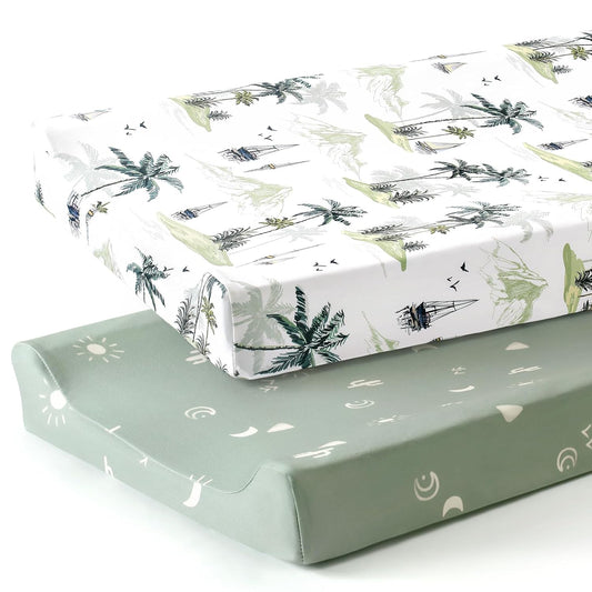 GRSSDER Stretch Ultra Soft Jersey Knit Changing Pad Cover Set 2 Pack, Change Table Pad Covers Fit 32"/34" x 16" Pads Safe and Snug, Sunny Holiday Pattern