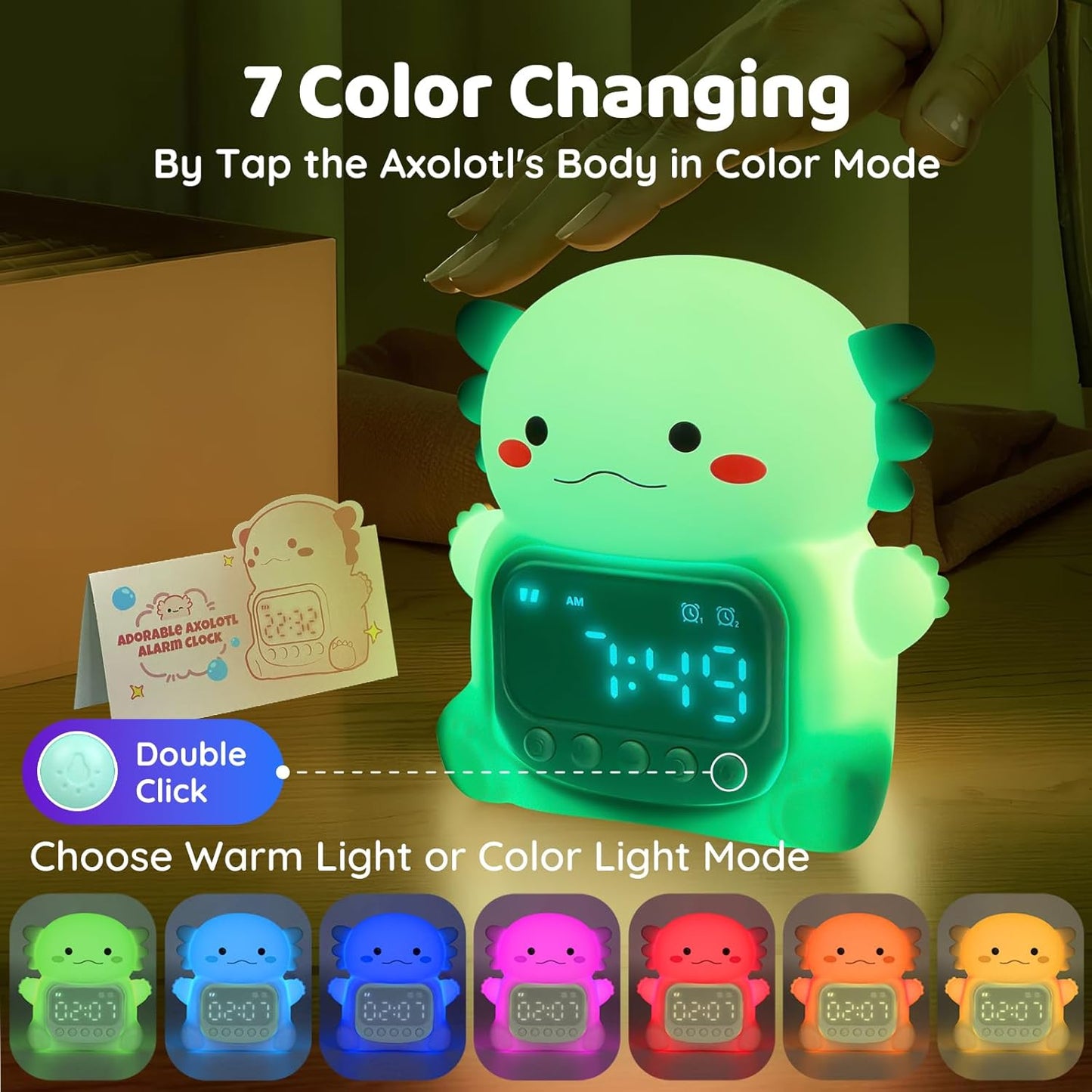 Axolotl Alarm Clock with Night Light for Kids, Rechargeable Silicone Lamp Time to Wake Clock Cute Animal Tabletop Lamp, Perfect Sleep Companion for Boys Girls, Green
