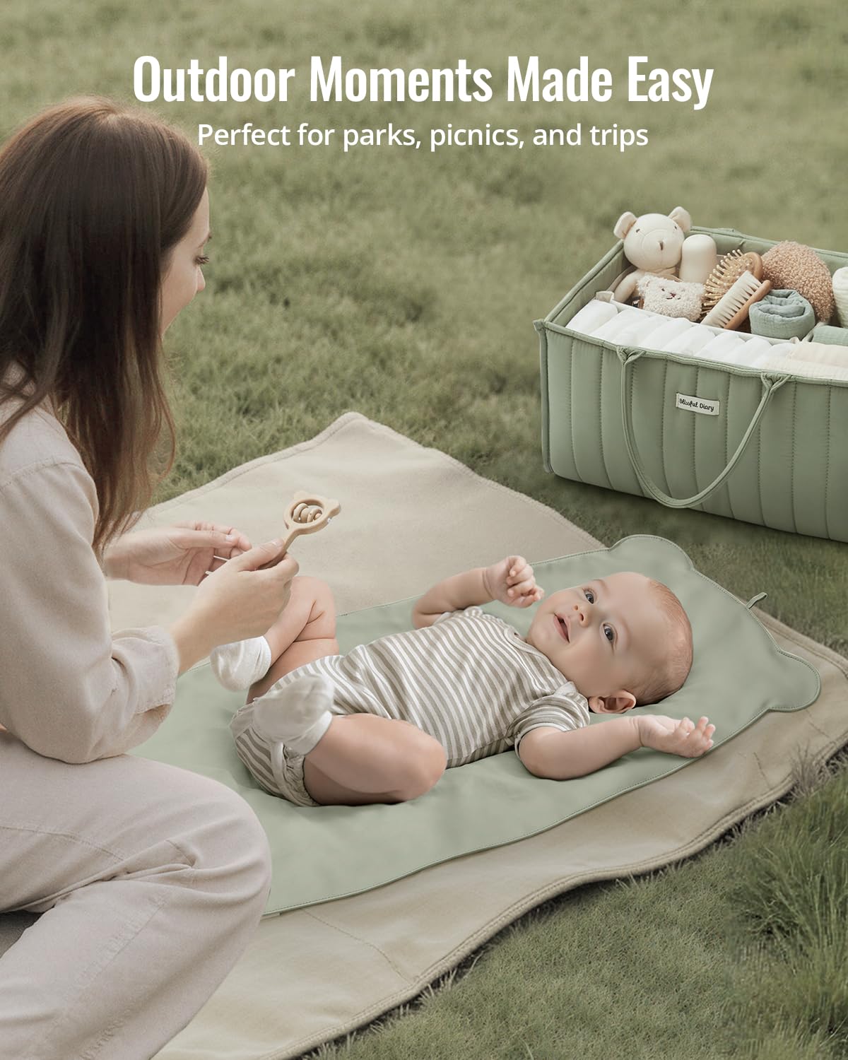 Blissful Diary Vegan Leather Portable Changing Pad, Wipeable & Waterproof Baby Change Mat in Diaper Bag, Travel Essential & Registry Gift, Light Green