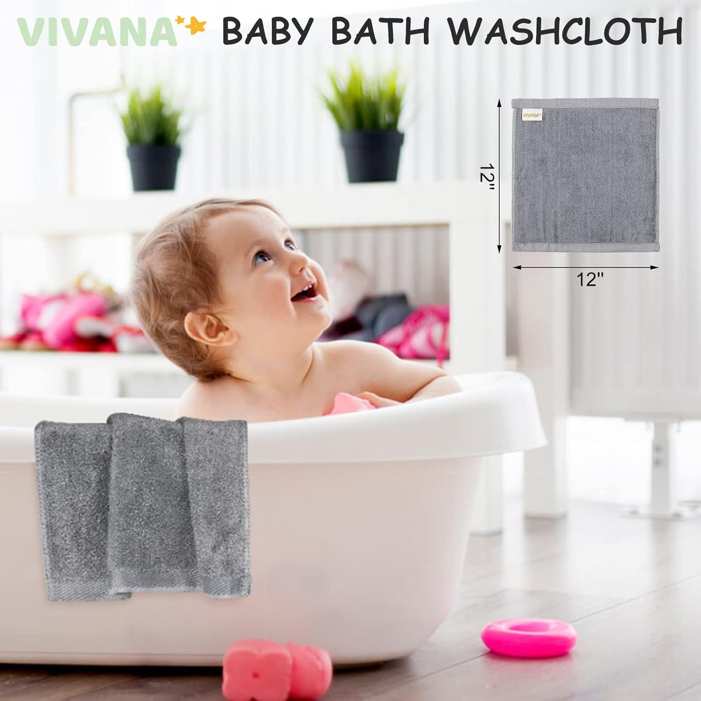 Baby Washcloths, Face Towels for Newborn/Infant/Kids/Adults, 12 Pack, 12x12 inches, Ultra Soft (Grey)