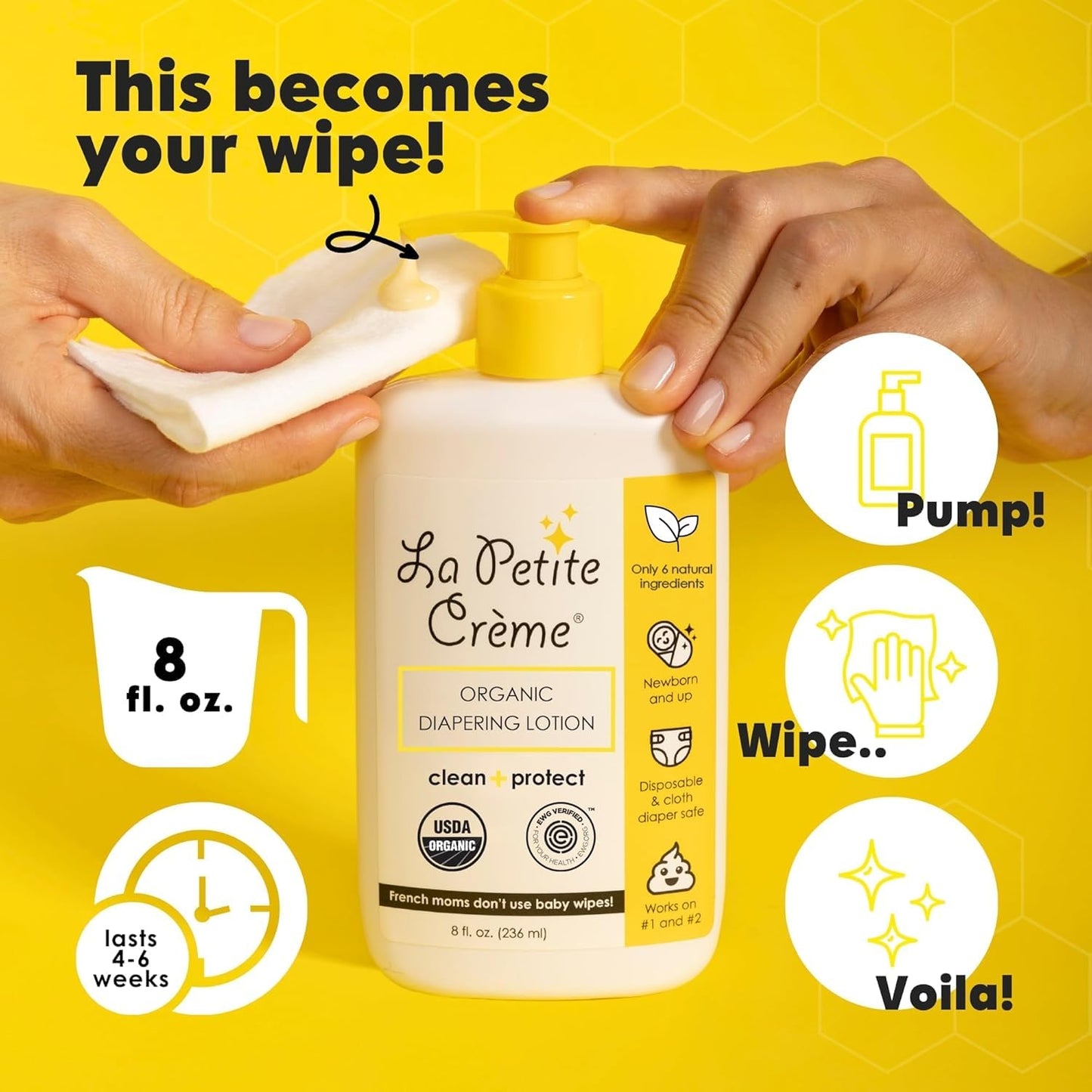 La Petite Creme French Premium Liniment Baby Lotion - Diaper Cream Alternative to Wet Wipes - Gentle Moisturizer & Skin Cleanser, USDA Certified Organic Ingredients - Newborn Essentials (8 oz)