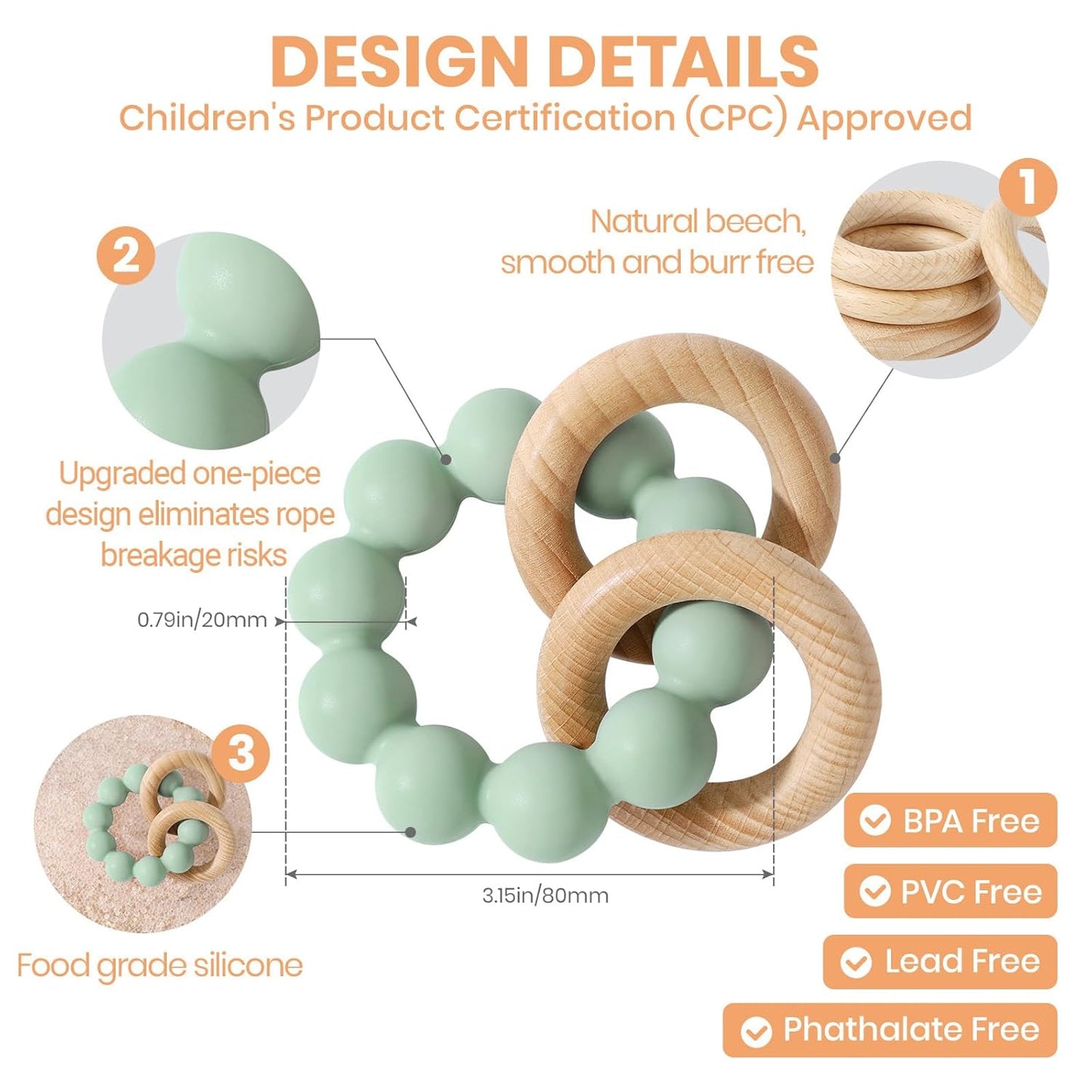 Socub Baby Teething Toys for 0-6 6-12 Months- BPA-Free Food-Grade Silicone & Natural Beech Wood Teether Ring for Newborn Infants Teething Relief- Easy-Grip Sensory Rattle Toys(Cambridge Blue)