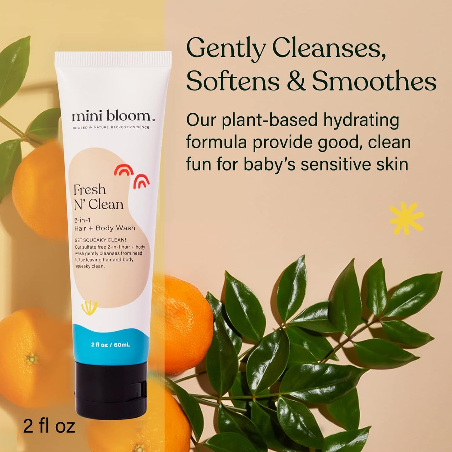 Mini Bloom Fresh N’ Clean 2-in-1 Hair + Body Wash Shampoo Sulfate-Free Baby & Kid Safe Aloe leaf, Chamomile extract, Lavender & Botanicals - Travel Size