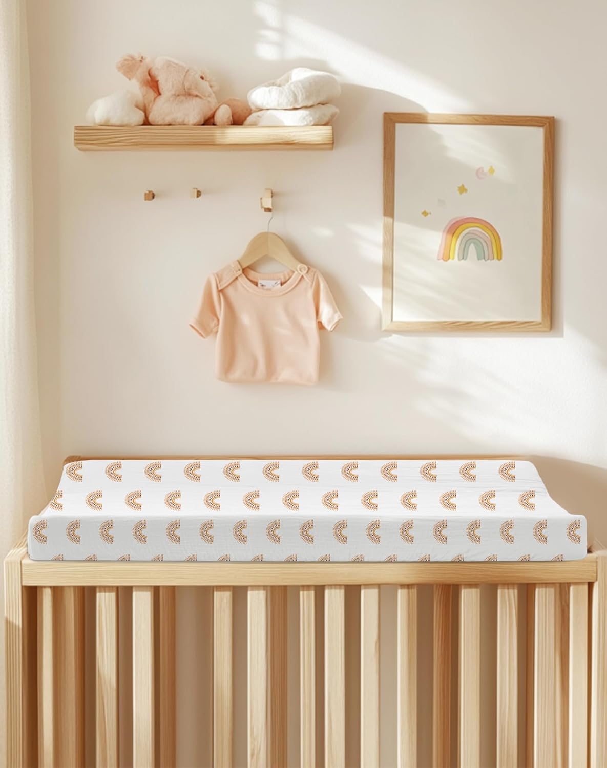 Changing Pad Cover for Baby Boy Girl 2 Pack, Muslin Changing Table Pad Covers with Boho Style, Neutral Nursery Bedding Essentials Soft and Breathable(Beige & Rainbow)
