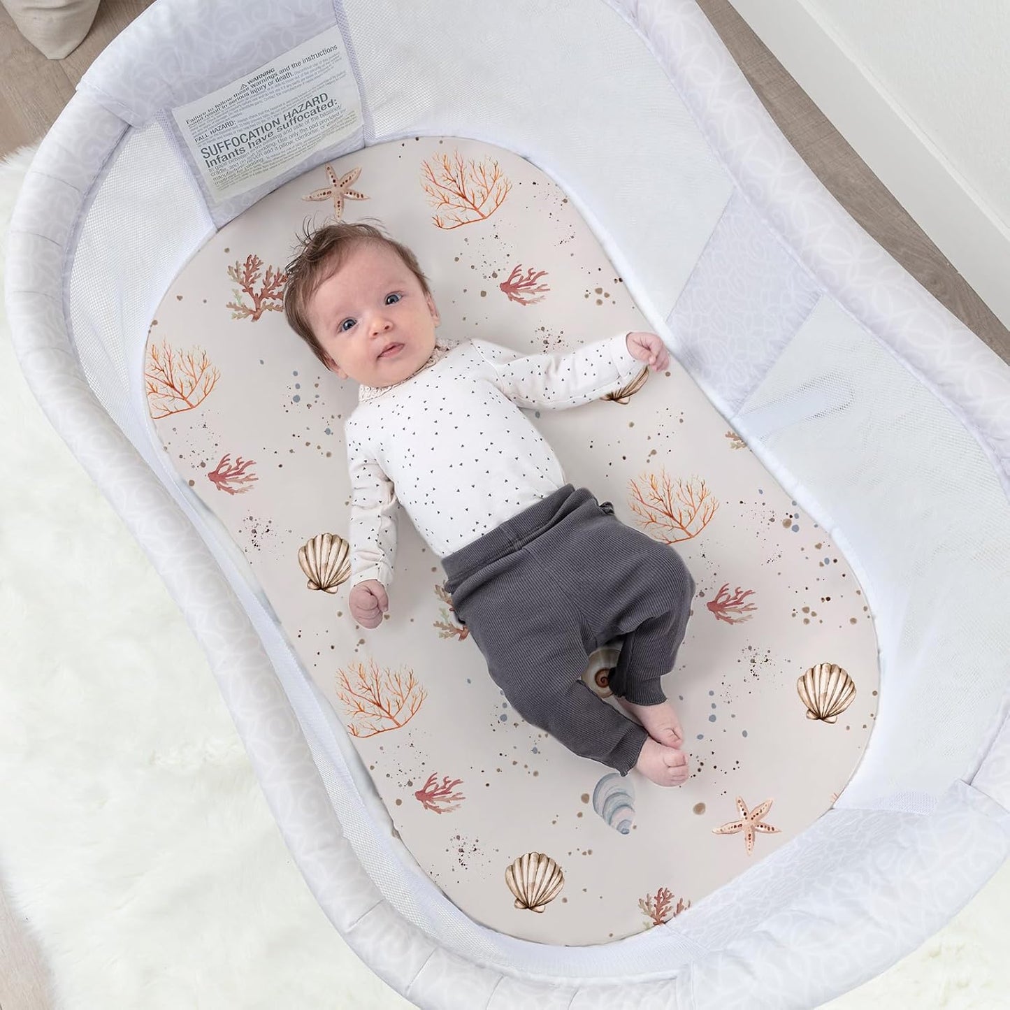 Stretch Fitted Bassinet Sheet Set BROLEX 2 Pack Cradle Sheets for Bassinet Pad/Mattress,Unisex Boys Girls,Ultra Soft,Dolphins Shells