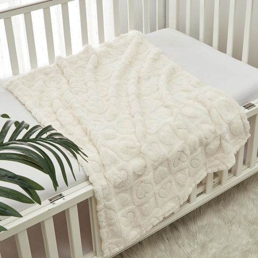 CREVENT 30"X40" Cozy Soft Warm Sherpa Baby Blanket for Girls Boys, Newborn Essentials for Infant, Baby Shower Receiving Gift - White Heart 75X100cm