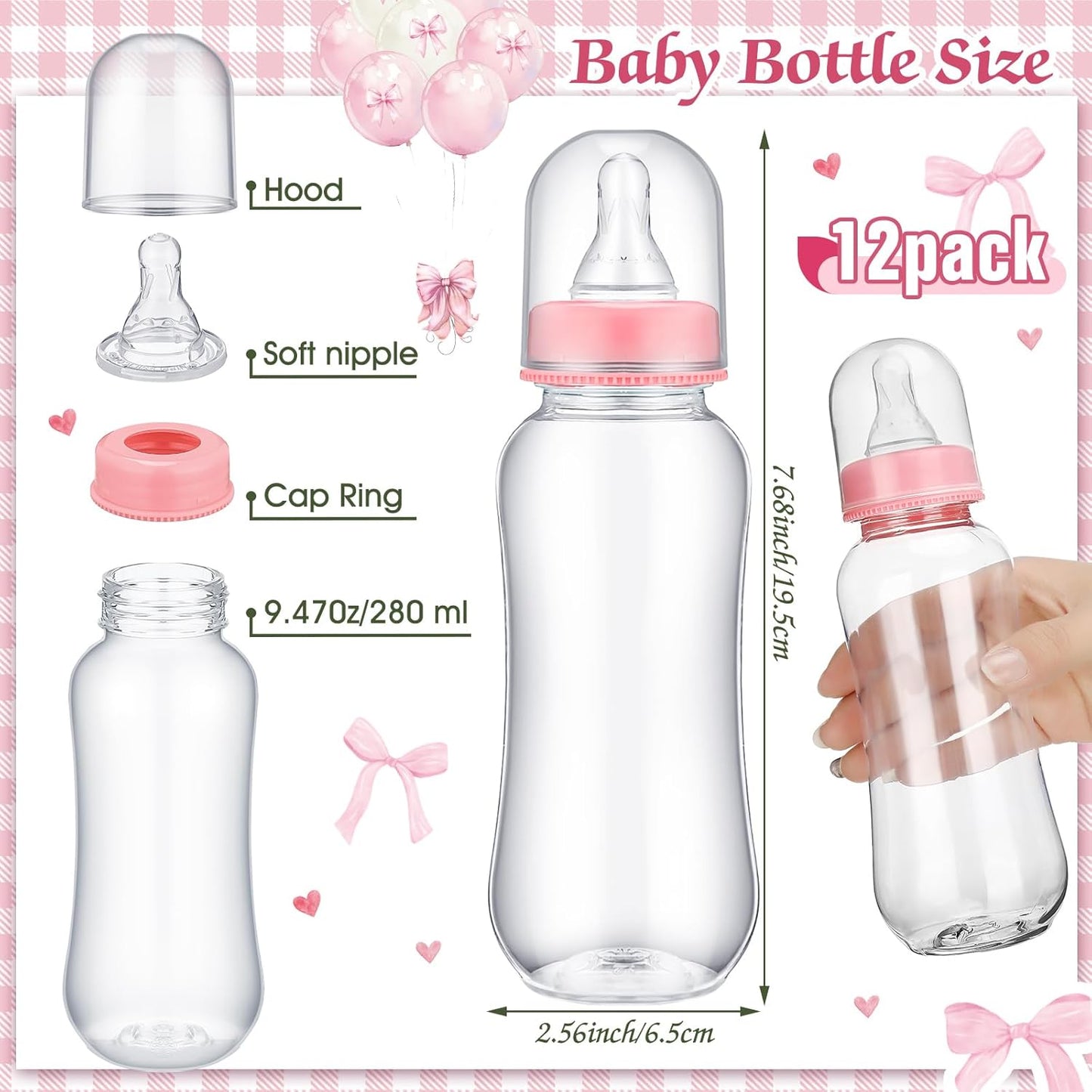 TrelaCo Cool Baby Shower Games Bottle Chug Sign and 12 Pcs Baby Bottle Shower Favor Baby Bottles for Baby Shower Games Gender Reveal (Pink Bow)