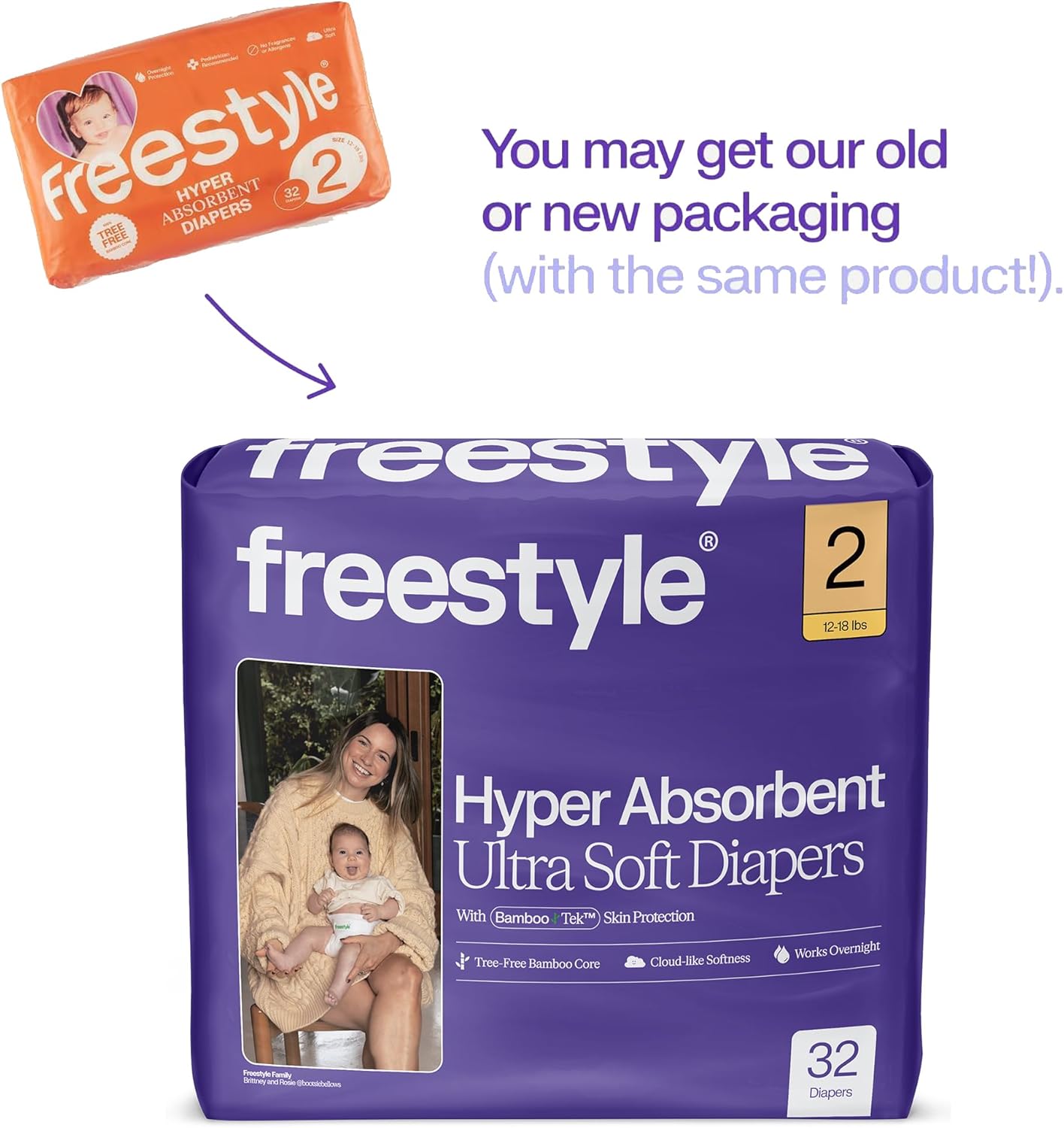 Freestyle BambooTek Diapers – (Size 2) Hyper Absorbent & Non-Toxic – Disposable Diapers for Sensitive Skin – Ultra Soft Diapers (12-18 lbs) – 192 Count
