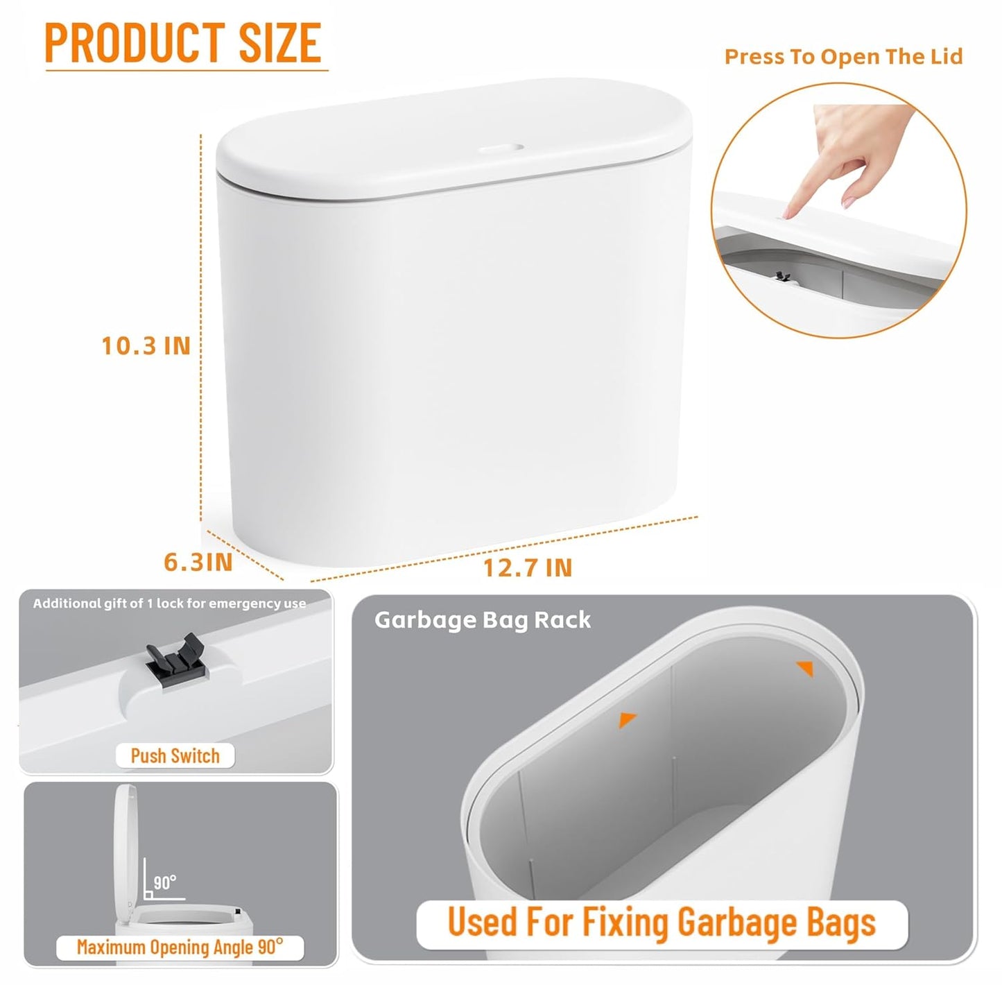 Yieach 12 L Bathroom Trash Can With Lid,2 Pack 3.17 Gallon Slim Pet/Dog Proof Trashcan and Skinny Small Covered Trash Can for Kitchen,Office,RV,Bedroom and Dorm,Plastic Covered Wastebasket,Garbage Can