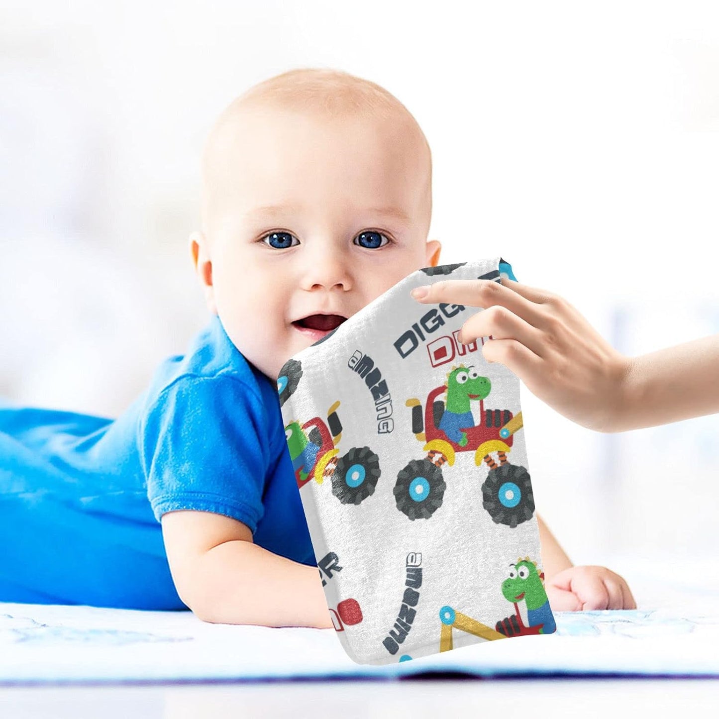 Dinosaurs Monster Truck Baby Muslin Washcloths Cartoon Digger Dino Burp Cloths Soft Absorbent Baby Wash Cloth Fingertip Face Towels for Newborn Boys Girls 12 x 12 in, 3 Pack