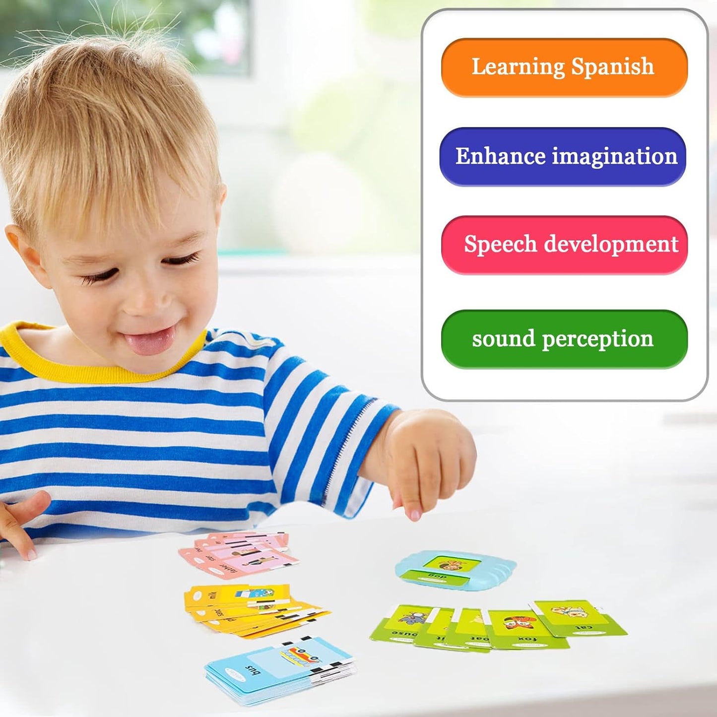 Spanish & English Talking Flash Cards for Toddlers 1 2 3 4 5 6, Audible Toys for Kids to Learn Spanish - 258 Cards and 516 Words(Pink)
