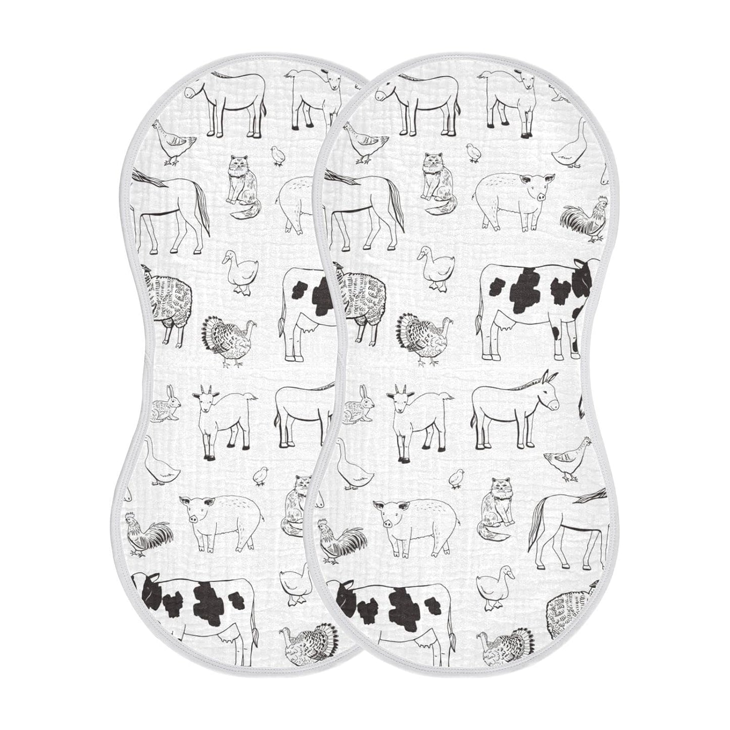Muslin Baby Burp Cloths Set of 2, Soft Absorbent Farm Animals Muslin Washcloths, Bibs, Face Towel for Newborn Boys Girls, 22 x 11 Inch