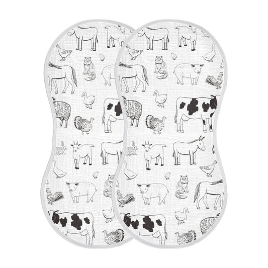 Muslin Baby Burp Cloths Set of 2, Soft Absorbent Farm Animals Muslin Washcloths, Bibs, Face Towel for Newborn Boys Girls, 22 x 11 Inch