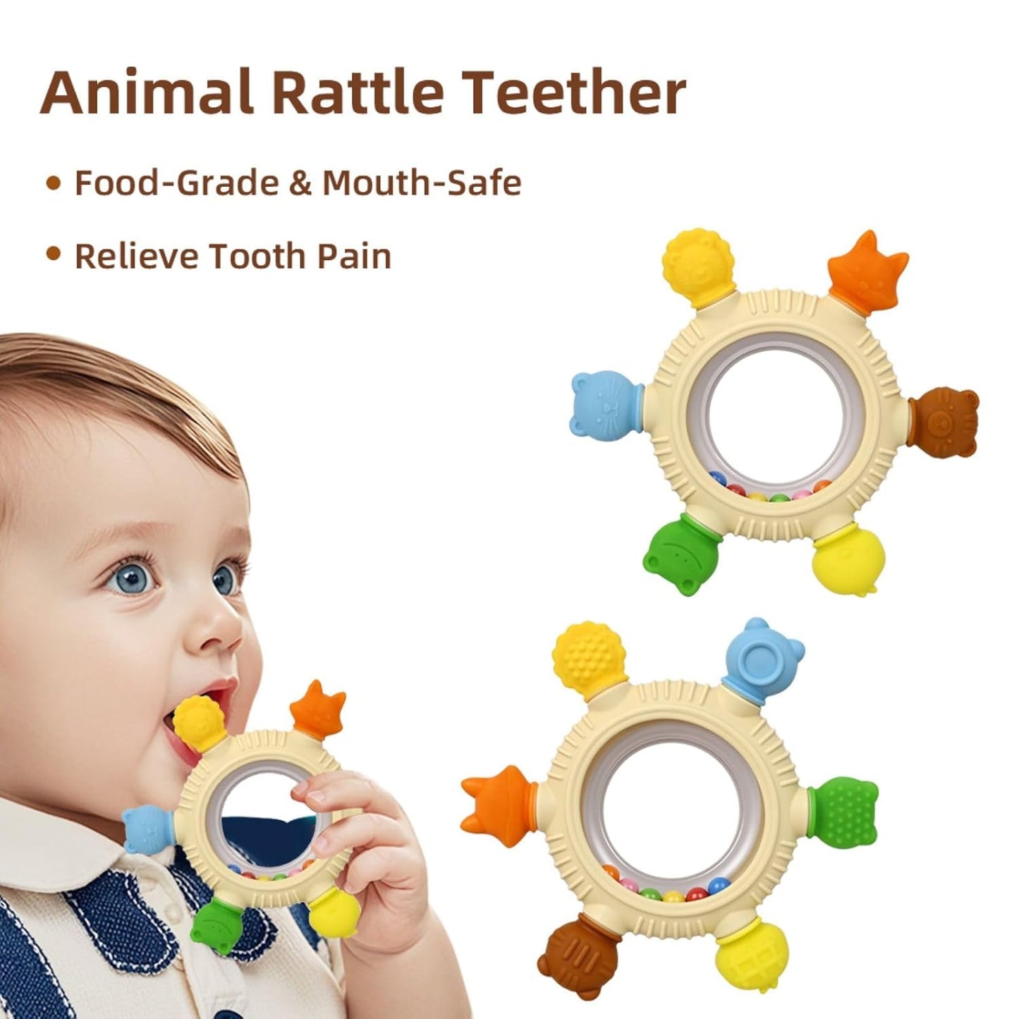 Baby Teething Toys Teething Rings Silicone Teethers for Babies 6-12 Months Baby Rattles & Plush Rings Sensory Toys for Soothing Sore Gums for Newborn Infant Essentials (Animals)