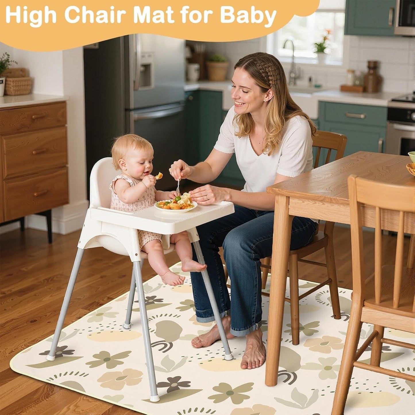 Splat Mat for Under High Chair 42 x 42 Inch Waterproof Baby Splash Mat with Non Slip Bottom Reusable Portable Highchair Mat for Floor Food Catcher for High Chair, Coffee Flowers