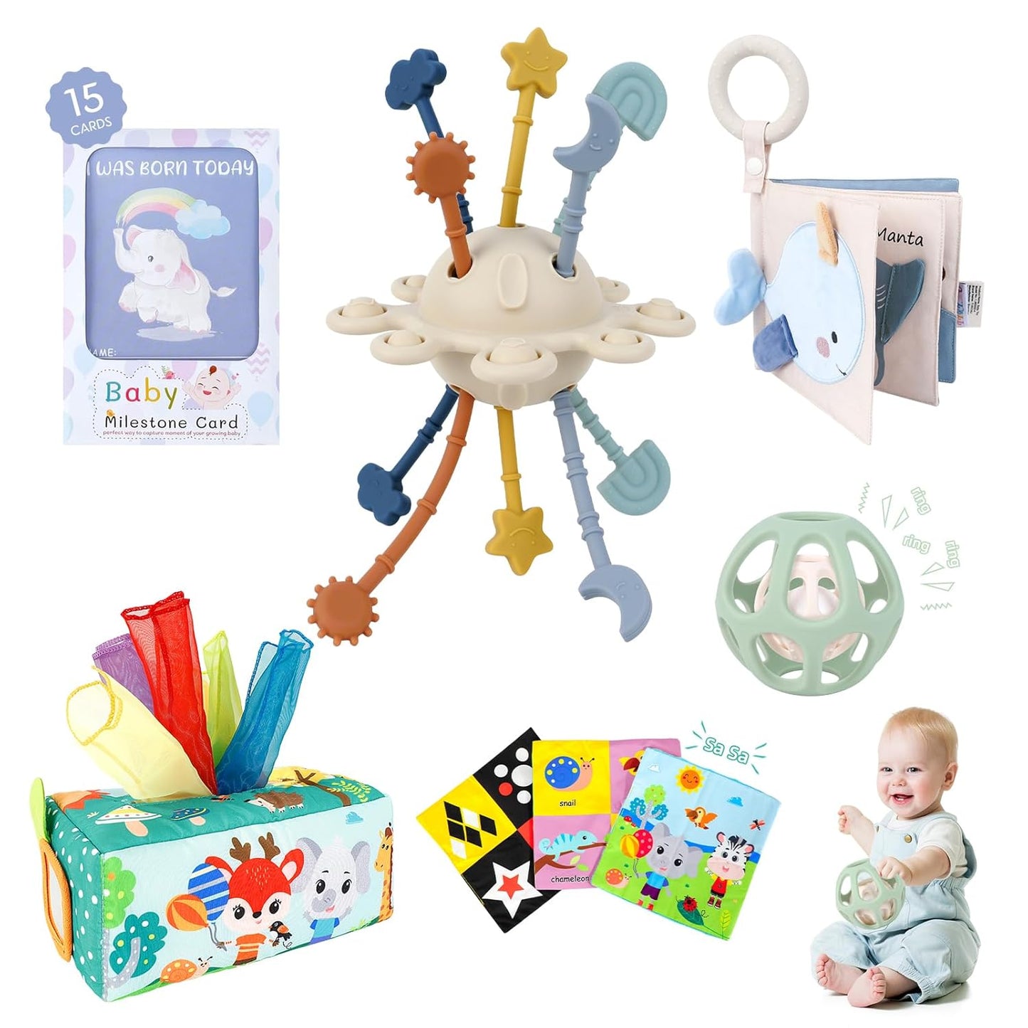 TYRY.HU Baby Gift Set,Montessori Learning Toys Set- Silicone Sensory Toys,Baby Teether Ball with Rattle,Soft Baby Book with Teether Ring & Crinkle Paper,Baby Tissue Box Toy,Milestone Cards,5 PCS