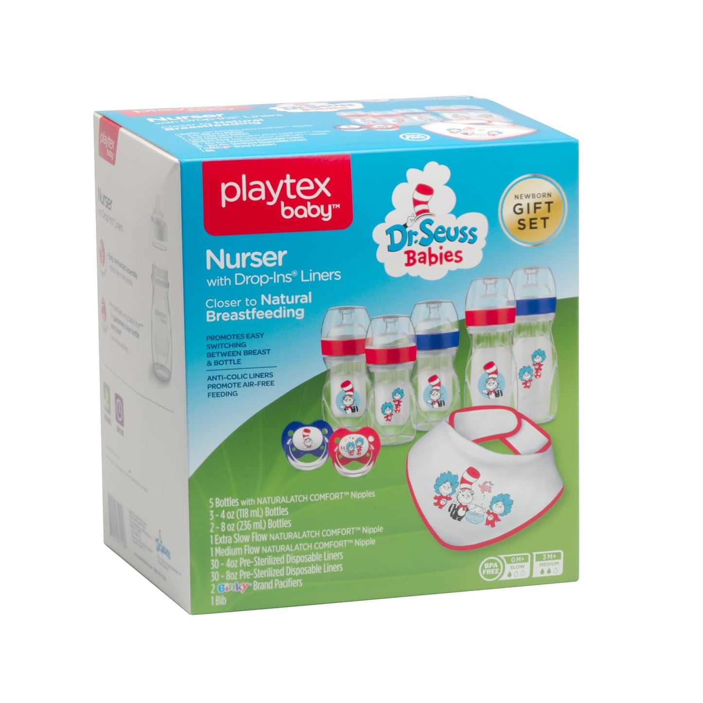 Playtex Baby Dr. Seuss Newborn Gift Set with 5 Nurser Bottles (3X 4Oz, 2X 8Oz), 2 Binky Pacifiers, 60 Drop-Ins Liners & Bib, Bottles for Newborn and Breastfeeding Babies, Feeding Essentials