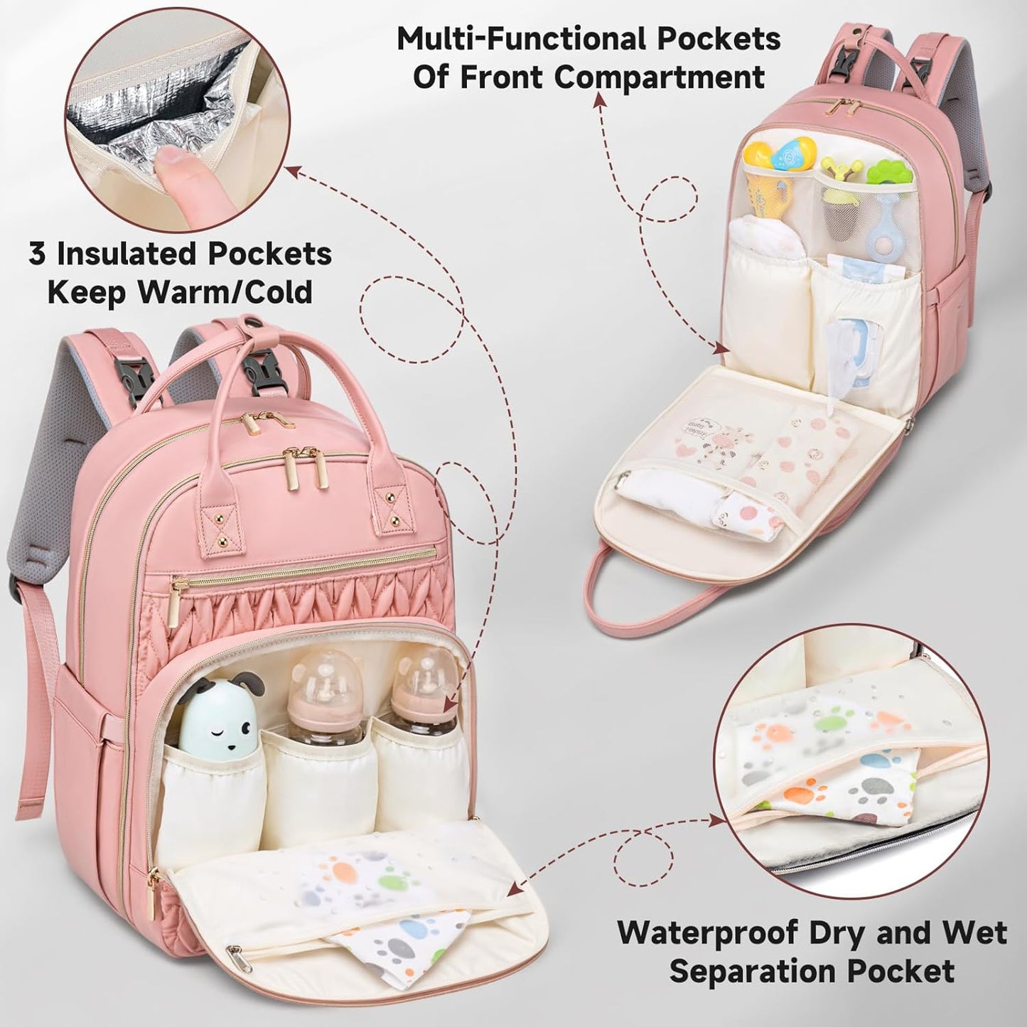 Diaper Bag Backpack,Stylish Baby Diaper Bag,Waterproof Travel Diaper Backpacks Baby Bags with Changing Pad,Stroller Straps,Insulated Pockets (Pink)