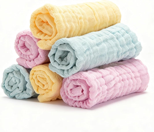 Organic Muslin Baby Washcloths 6 Pack Baby Bath Face Towel 12x12 Inch Extra Absorbent and Soft Burp Cloth and Wash Cloths for Newborn-Infants On Sensitive Skin (Yellow Green Pink)