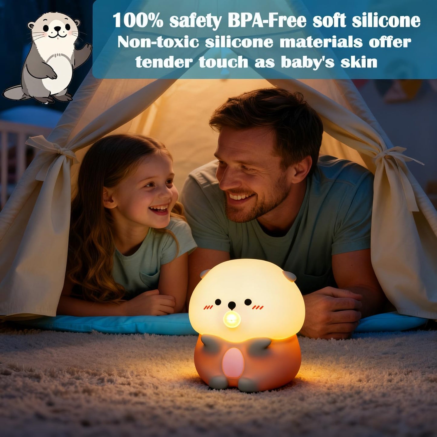 Sea Otter Night Light, Cute Otter Gifts, Soft Silicone Lamp with 3 Level Warm Light and RGB Changing, Breastfeeding Nursery Portable Kawaii Bedside Lamp for Baby, Toddler, Boys and Girls