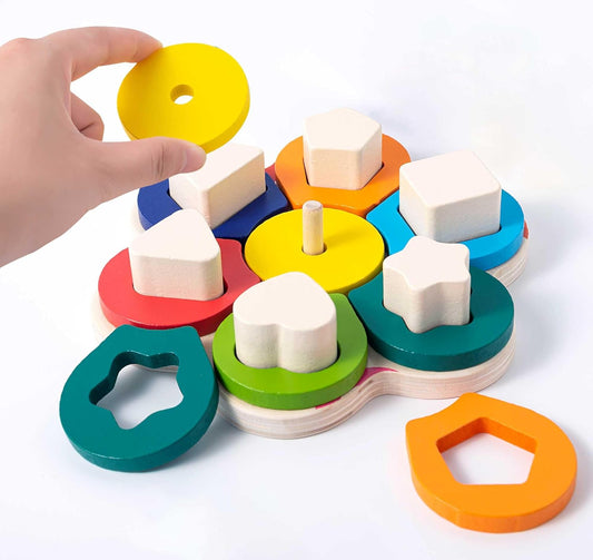 Montessori Toys for 3 to 9-Year-Old Boys Girls Toddlers, Wooden Sorting & Stacking Toys for Toddlers and Kids Preschool, Educational Color Recognition Shape Sorter, Learning Puzzles Gift
