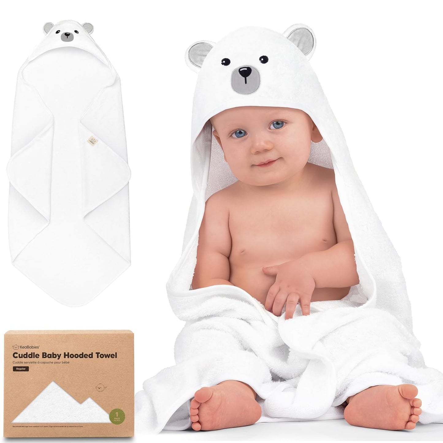 KeaBabies Hooded Baby Towel for Newborn - Viscose Derived from Bamboo Large Baby Bath Towels with Hood for Boys, Girls, Toddler, Extra Absorbent & Soft Newborn Bath Essentials (Polar, Regular)
