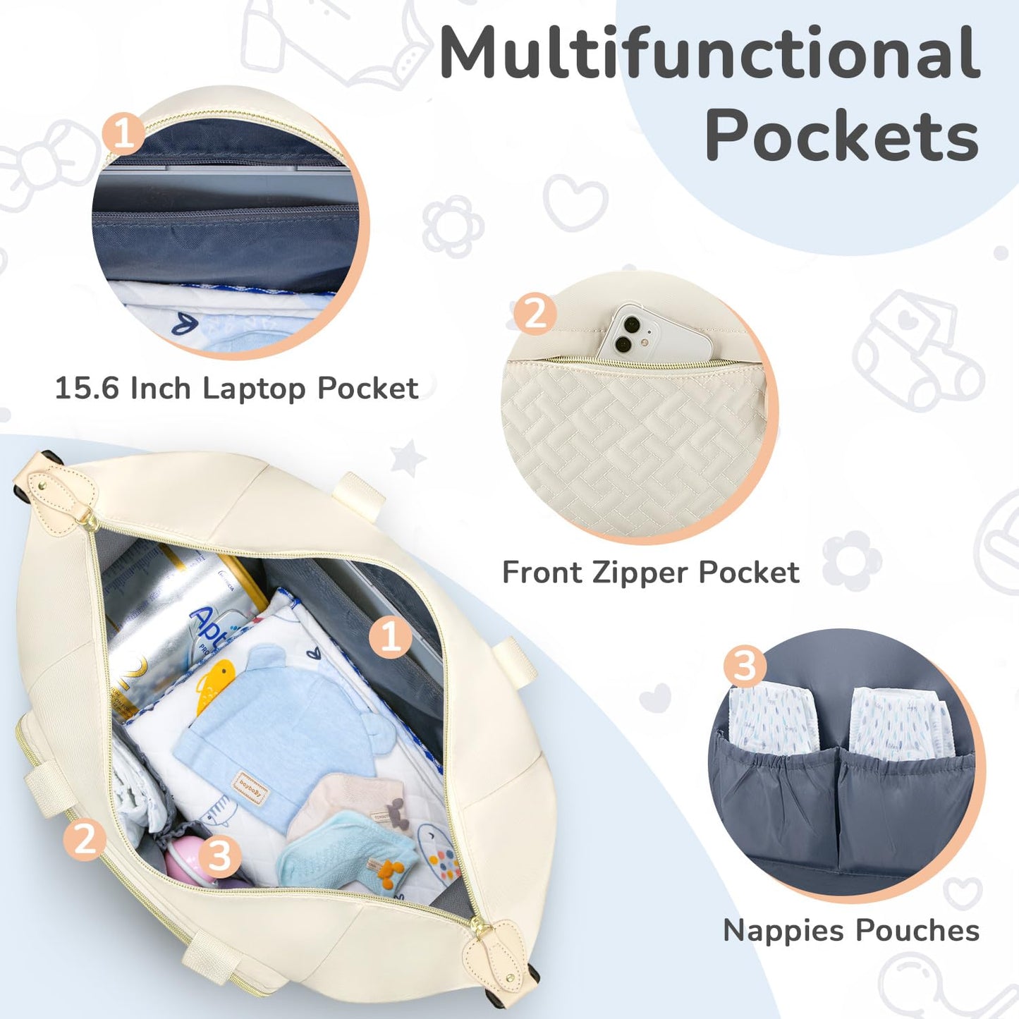 Diaper Bag Tote, Baby Bag Travel Diaper Tote Bag with Pacifier Case, Cute Maternity Hospital Baby Stylish Diaper Tote for Mom Dad Beige