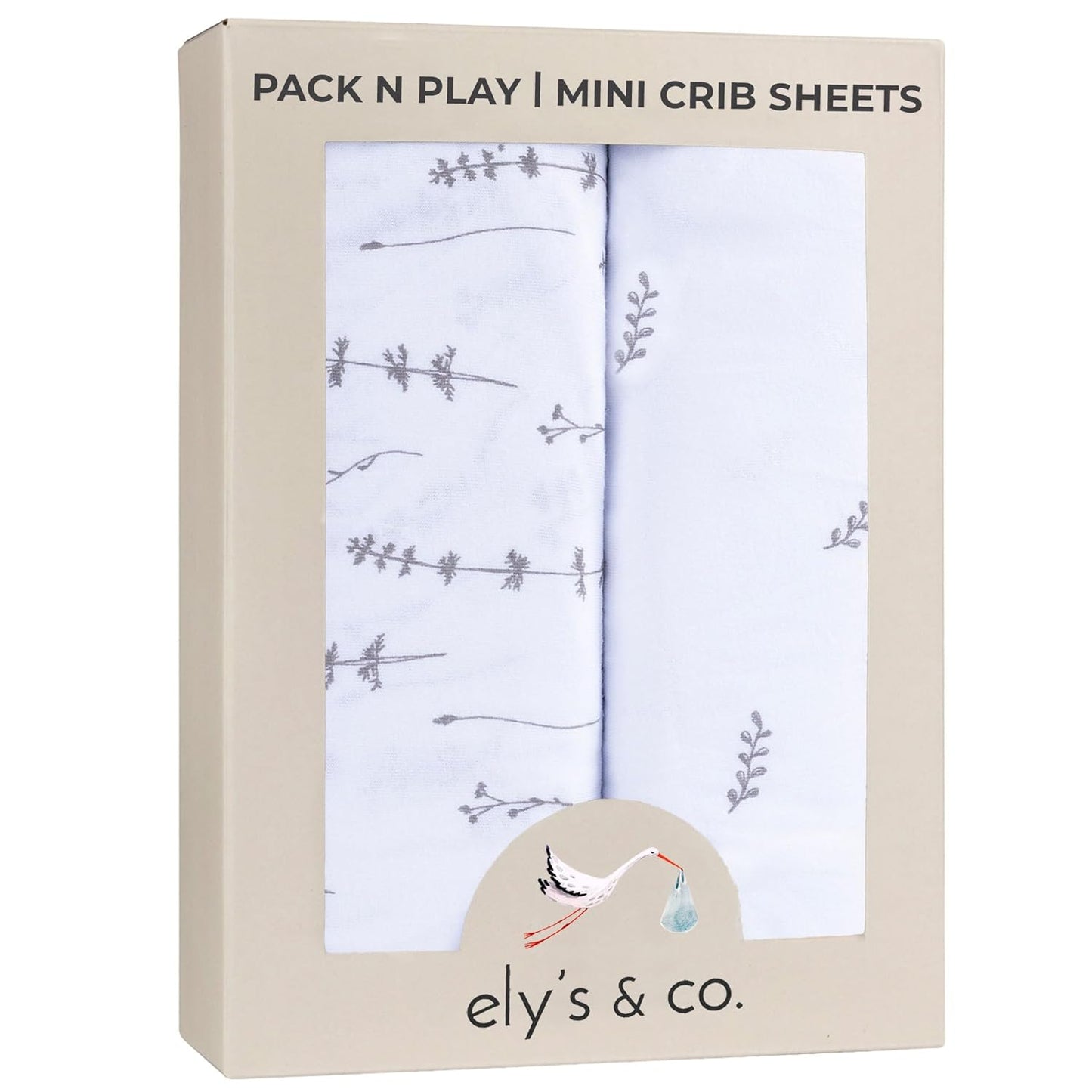 Ely’s & Co. Pack and Play Sheets, for Mini/Portable Crib, 2 Pack Fitted Playpen Play Yard Sheet Set Compatible with Graco Pack n Play, for Baby Boys/Girls, 100% Cotton, Forest Grey Floral, 38”x24”x5”