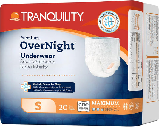Tranquility Premium OverNight Disposable Absorbent Underwear (80 Count) - S, 22-36 in. Waist - Maximum Absorbency, All-Night Sleep, Breathable Comfort, 80 Adult Diapers
