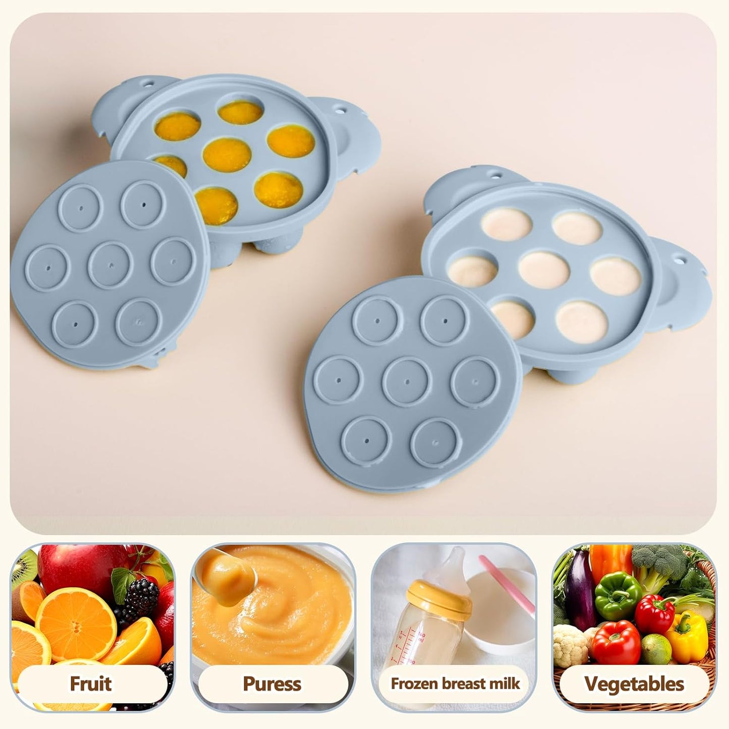 2 Pack Silicone Baby Food Feeders + Mini Freezer Tray for 6 Months+ Infant Solid Food Safe Self Feeding, BPA Free Breastmilk Popsicle Teether Set for Soothe Teething, Christmas Idea Gift (Blue+Pink)