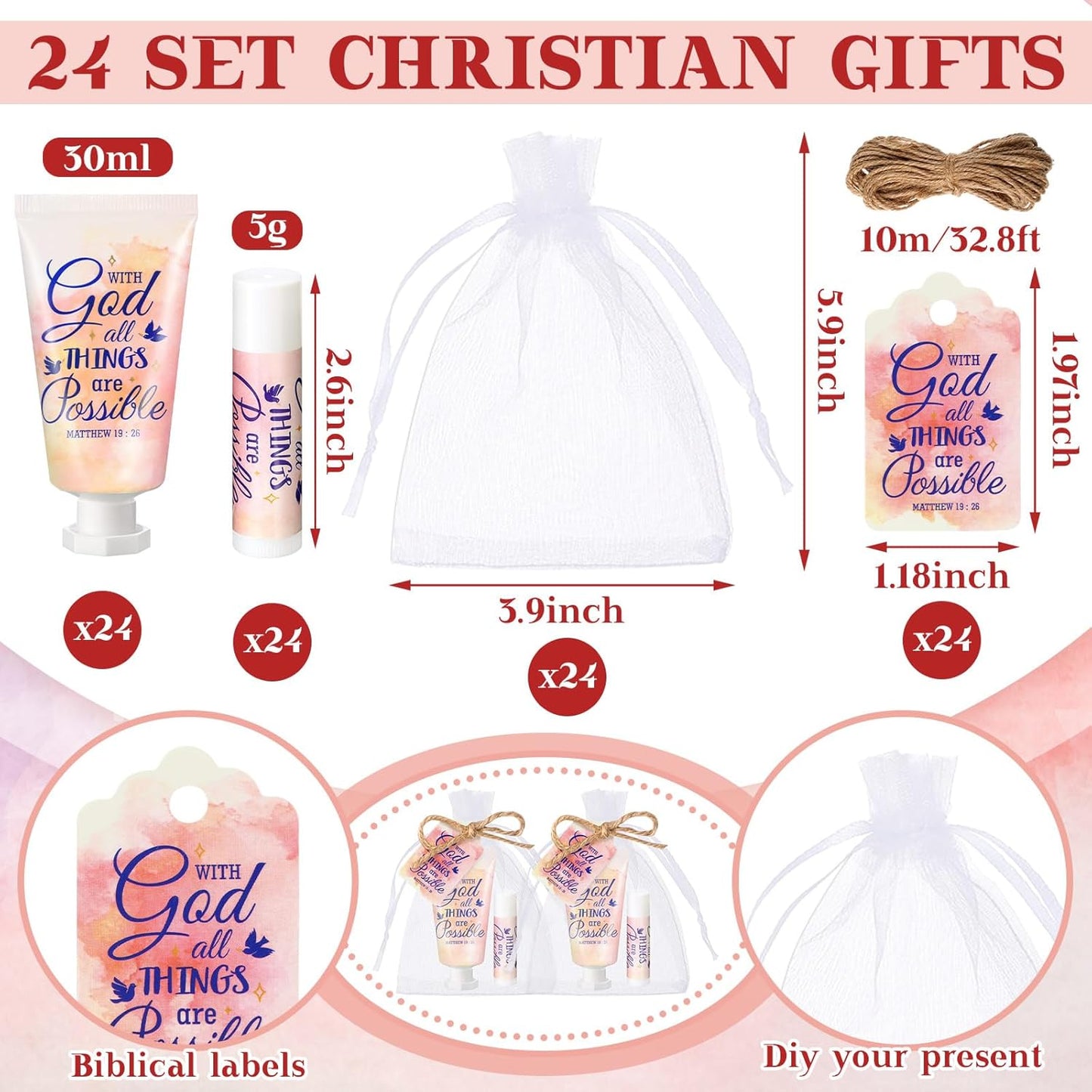 24 Sets Christian Hand Cream and Lip Balm Gift Set Christmas Christian Gift for Women Travel Size Hand Lotion Bible Verse Lip Balm Bulk for Baby Bridal Shower Mom Holiday Gift (Lovely)