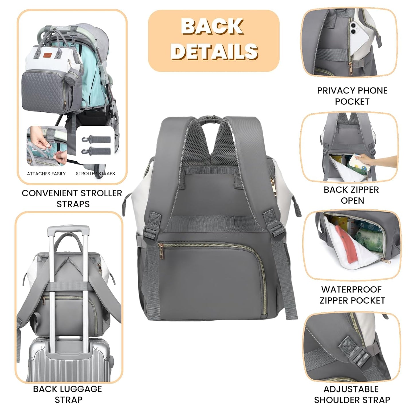 Baby Diaper Bag Backpack with Changing Pad, Pacifier Case, for Boy Girl Toddler - Large, Stylish, Waterproof Travel Quilted Diaper Bag for Mom - Gray/White