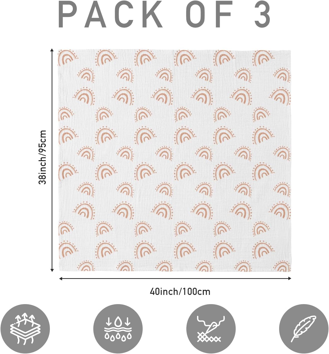 Muslin Swaddle Blankets for Newborn, 3 Pack Breathable Soft Receiving Blanket, Large 38 x 40 inches Swaddle Wrap Burping Clothes Diapers, Essentials Infant Shower Items, Toddler Gift (Rainbow & Grid)