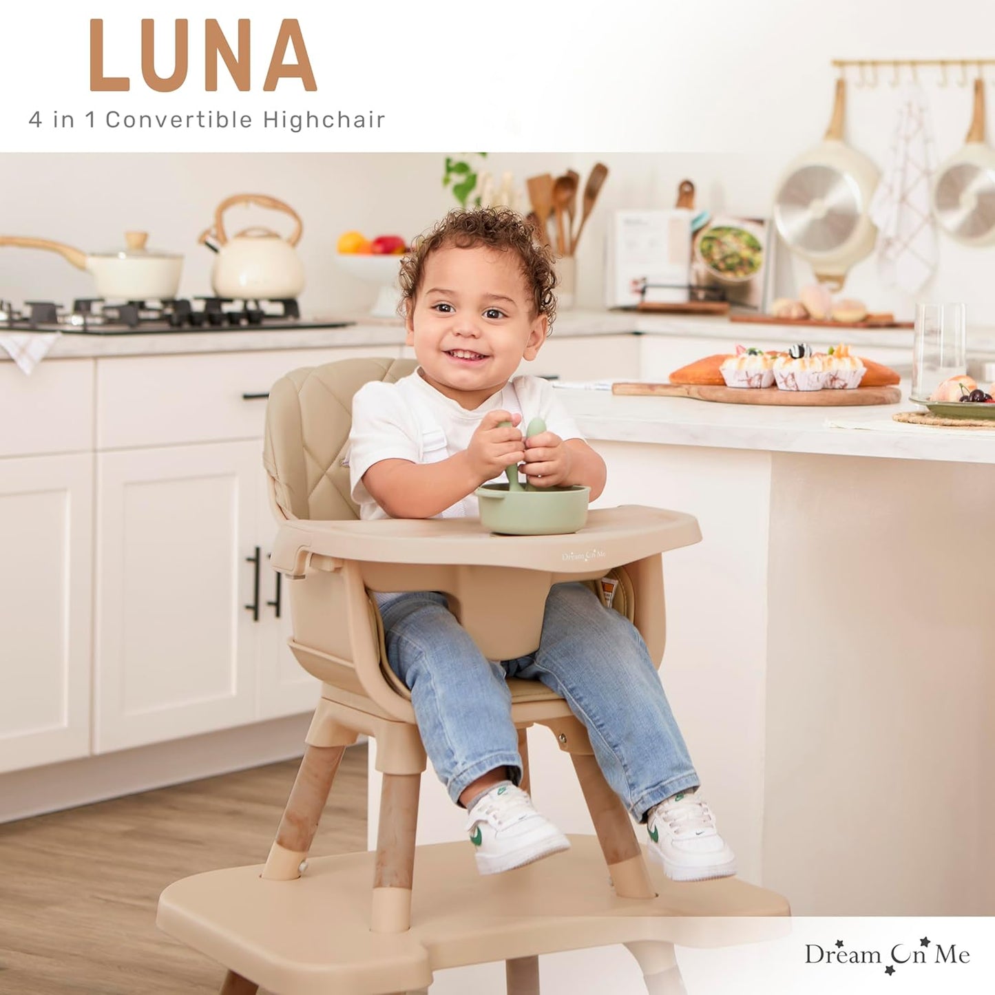 Dream On Me Luna 4-in-1 Convertible Baby High Chair in Beige, Transforms into Booster, Toddler Seat & Table Set, Adjustable and Removable Tray Portable High Chair