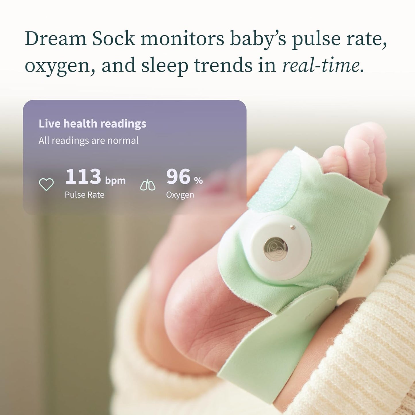 Dream Sock – Smart Wearable Baby Monitor - Infant Pulse Oximeter Tracks Oxygen & Heart Rate | Parents Receive Alerts, Sleep & Health Insights via App | FDA Cleared